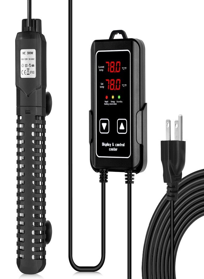 سخان حوض السمك: سخان حوض سمك بقوة 300 واط، تحكم خارجي في درجة الحرارة، نظام ذكي لإيقاف تشغيل الماء تلقائيًا، سخان غاطس لأحواض السمك من 20 إلى 75 جالونًا، مناسب للمياه العذبة والمالحة - Image 1